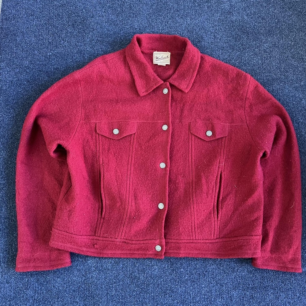 Vintage Woolrich Jacket Womens XL Red Wool Snap Front‎ Collared Hong Kong Short